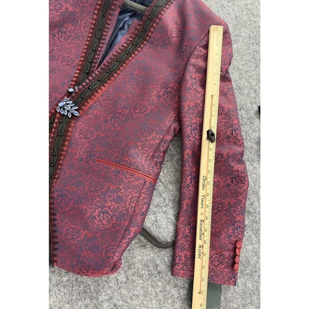 Pietro Scarlatti Mens Mandarin Suit Blazer Pants Brocade Floral US42 EU 52 T7